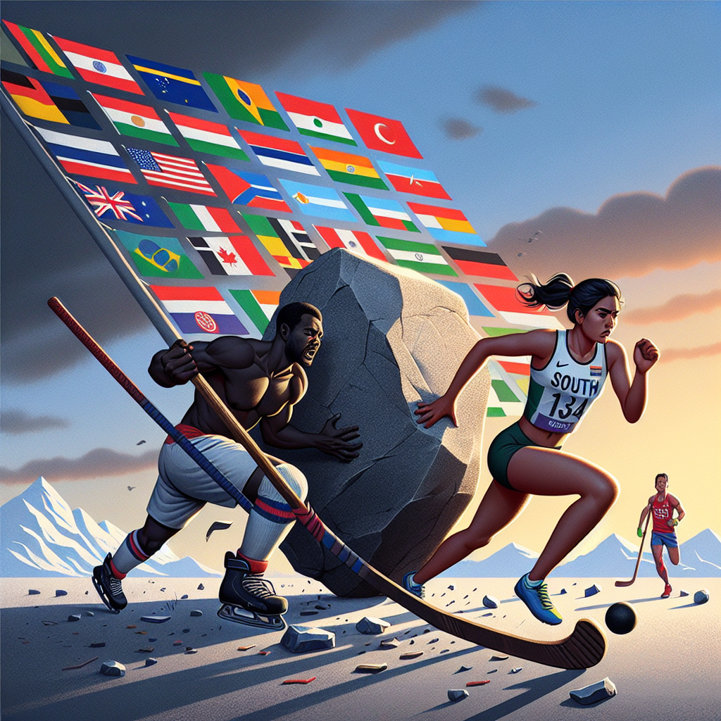 Generate a symbolic image emphasizing two issues in sport that can impede nation building. The scene should depict two athletes from different sports: a hockey player and a sprinter. The hockey player, a Black man, is struggling to push a large boulder, symbolizing one of the issues. The sprinter, a South Asian woman, is depicted running into a strong wind, symbolizing the other issue. Make sure to incorporate the colors of a variety of nations' flags in the background, but subtly, to emphasize the concept of nation building.