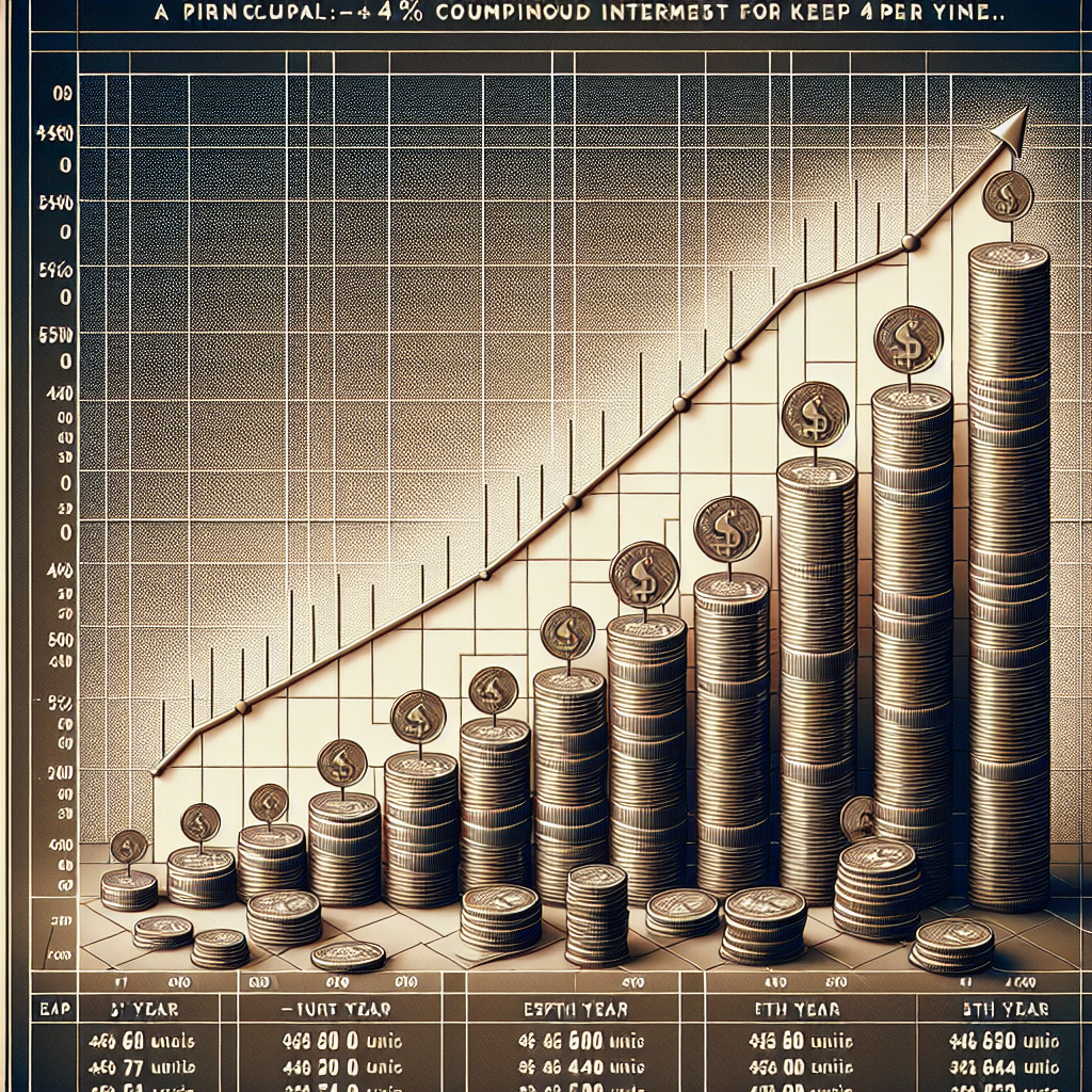 Visual depiction aiming to illustrate the concept of compound interest over time. The image should show a stylized graph showing the increase of capital over five years. Initially, the graph should indicate a principal amount depicted as a stack of coins equivalent to 650 units. The unit can be an imaginary currency to keep it fictitious. The graph should have annual milestones marking the passage of time along the x-axis. Each subsequent year, up to the 5th year, should show an increasing stack of coins indicating the growth of the principal due to 4% compound interest per annum.