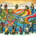 A vibrant communal mural unfolding under the passionate hands of several individuals.Preferably, Display a diverse group of individuals of various ages, gender, and races contributing to the mural. They're working in harmony, each individual adding unique elements to the artwork. The artists are shown as empowered through their creative process; evidenced through their expressions of determination, satisfaction, and pride. Within the background, subtly illustrate a faint outline of a community - parks, buildings and houses. Ensure that the image does not contain any text.