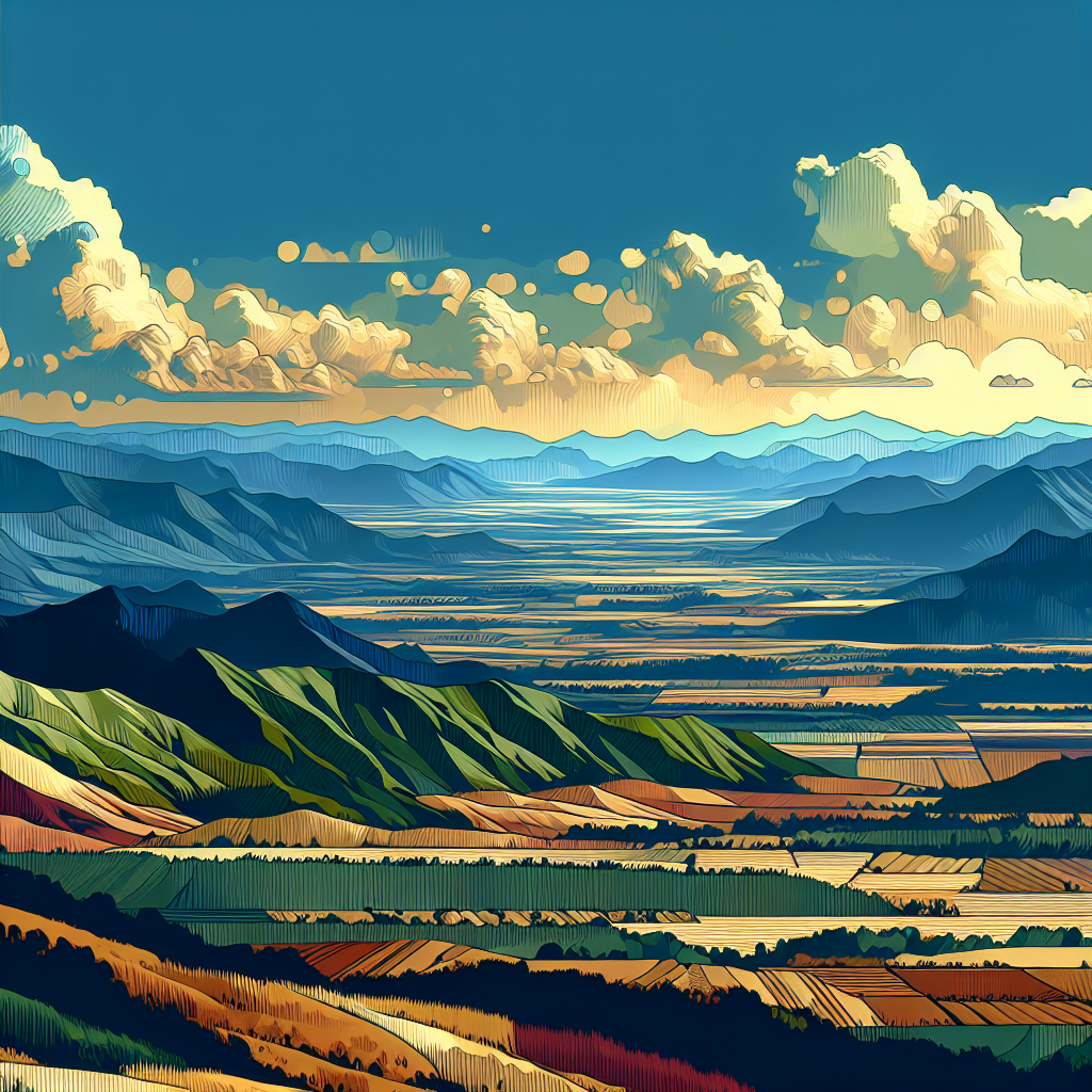 Generate an illustrative image showing a gradient from foreground to background with various geographical features representing different strategies used by landscape artists to depict distance. The foreground should have large, bold and clear shapes in bright colours. The middle ground should contain moderately sized shapes with semi-clear outlines and slightly lighter, less saturated colours. The background should consist of small, softer shapes painted in light, desaturated colours to impersonate a sense of depth and distance. Please note that the image should contain no text.