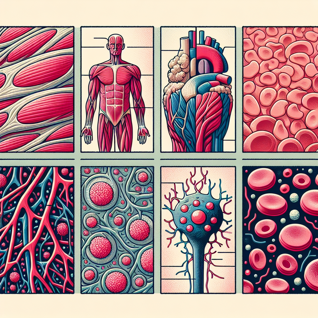 Create an illustration that visually represents the four choices given in a questionnaire, without any text. Depict a representation of muscular tissue, showcasing striations and fibers to represent muscles. Illustrate an area filled with small, round air sacs, signifying the alveoli. Showcase a detailed depiction of a neuron with dendrites, an axon, and a cell body to signify Neurons. Lastly, depict images of various blood cells including red and white blood cells. The illustration should be informative and visually engaging, using vibrant colors.