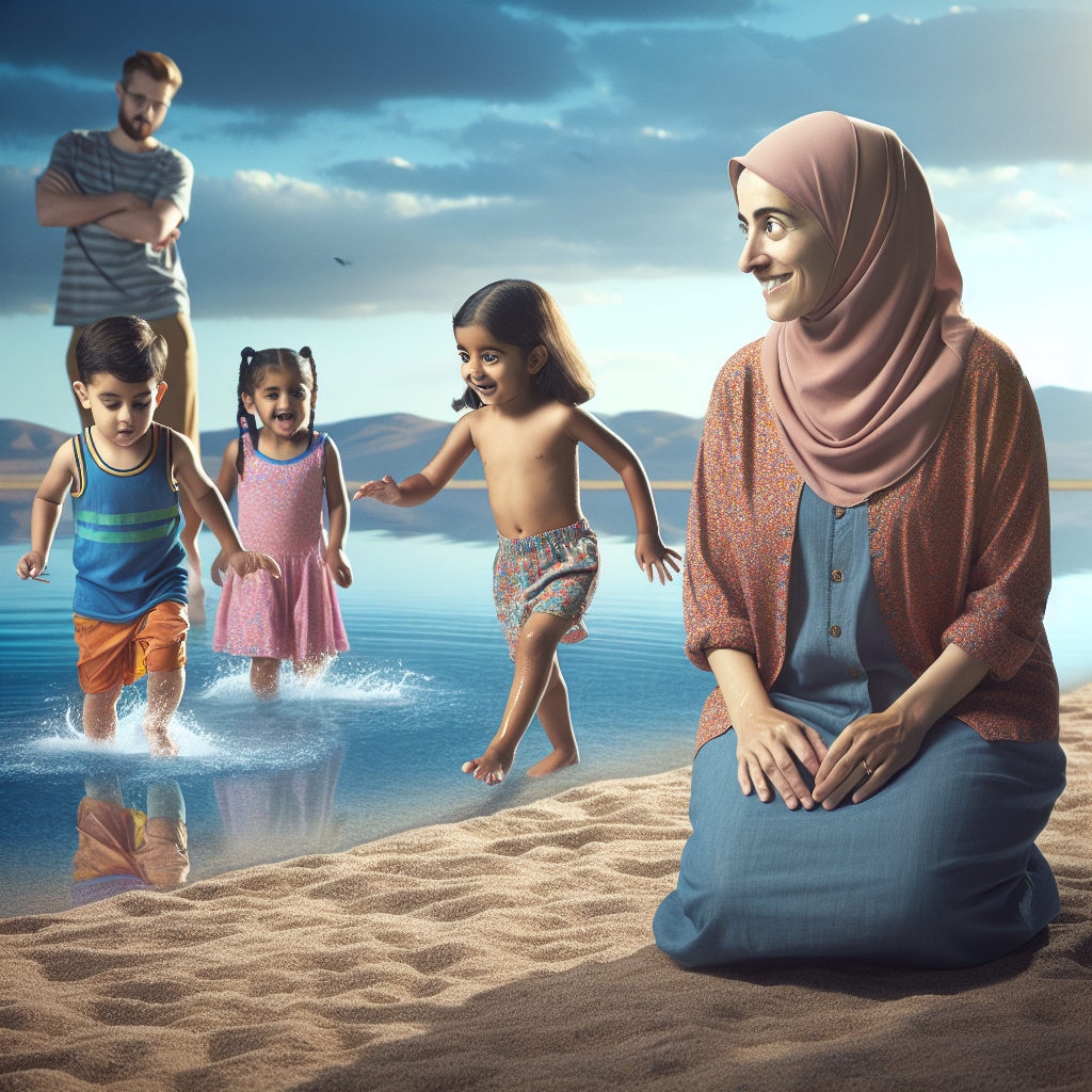 A visual representation of the concept of active supervision. The scene should illustrate an adult, specifically a Hispanic woman, attentively watching over her children as they play near a body of water, such as a lake, under a clear sky. The children - a Middle Eastern girl and a Caucasian boy - are gleefully engrossed in their water games. To emphasize the 'active' aspect, the adult should be engaged and alert, perhaps standing up or leaning forward, eyes clearly focused on the children.