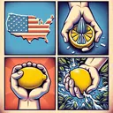 Create an image showing four distinct sections, each representing a different option from a set of choices. In the first section, depict a map of United States of America with a broken or divided symbol. In the second section, show an image of a hand squeezing a lemon with a similar divided symbol. For the third section, create a representation of something extraordinary with an 'unreal' feeling to it, again with a divided symbol. Lastly, for the fourth section, depict a scene that's hard to believe but nevertheless real, showing the same divided symbol.