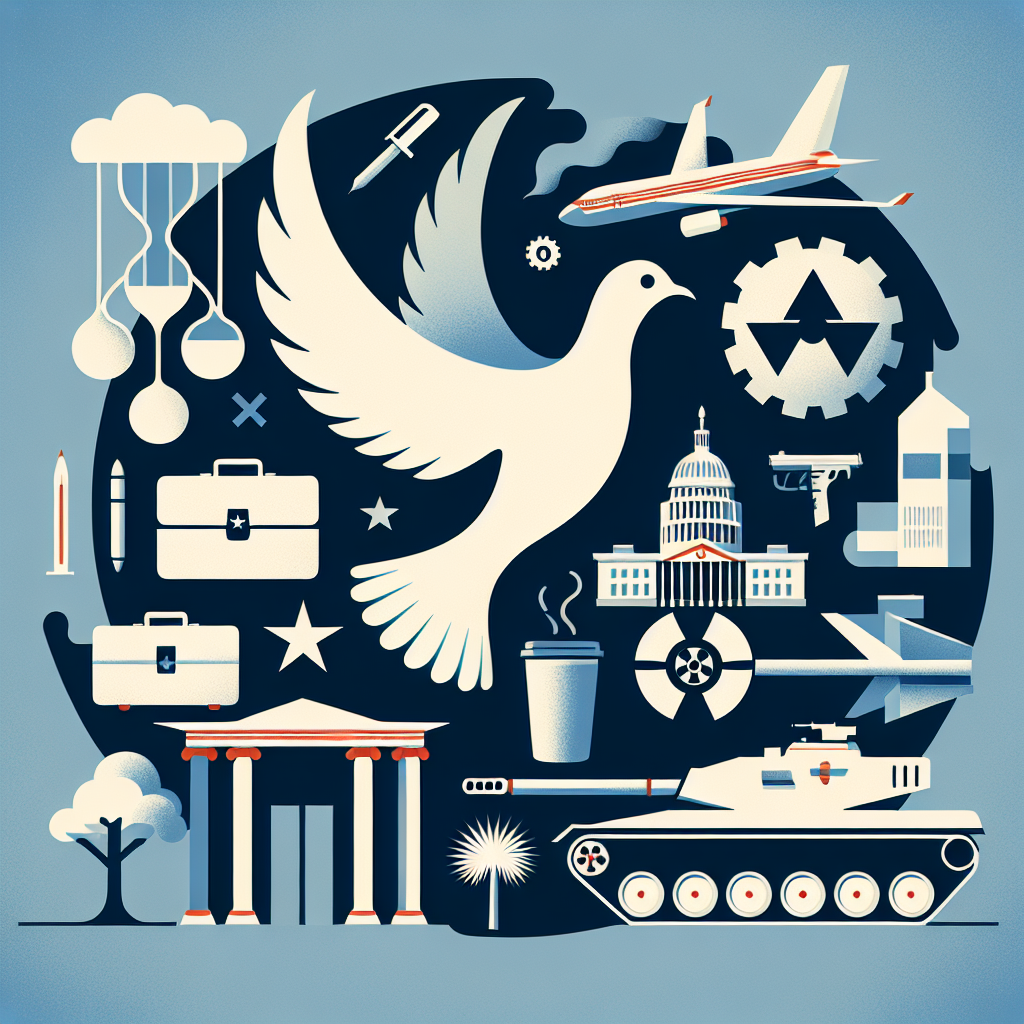 Create an abstract visualization of the concept of 'detente'. Represent this with symbolic imagery such as a dove symbolizing peace, a briefcase to symbolize business, a government building signifying federal funding, military tank to signify military bases and a nuclear symbol for nuclear war. Make sure to depict the state of South Carolina subtly in the background, perhaps by using its shape or some iconic landmark. The image needs to be direct and focused on the various aspects of detente and its potential impact on a state like South Carolina.