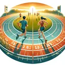 Illustrate two people of different descents, one South Asian male and one Caucasian female, running on a circular track with a marked circumference of 150 meters. Show them once meeting at a point while running in opposite directions and then again running together in the same direction. Make sure the environment appears like a peaceful early morning scenario, with a hint of golden sunrise illuminating the scene and making the surroundings more vibrant and stimulating. Include details like grassy field around the track, a score stand, and cheering crowd in the distance supporting them.