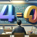 Create an image of a serene classroom scene where a student, an Asian male, is studying math problems on a board. On the board, two large, differently colored three-dimensional numbers float. The right number is noticeably bigger than the left, illustrating that one number is 40 less than the other. In the corner of the board, a symbol indicates the concept of arithmetic mean exceeding the geometric mean without using any text. Ensure the image has an academic and engaging atmosphere.