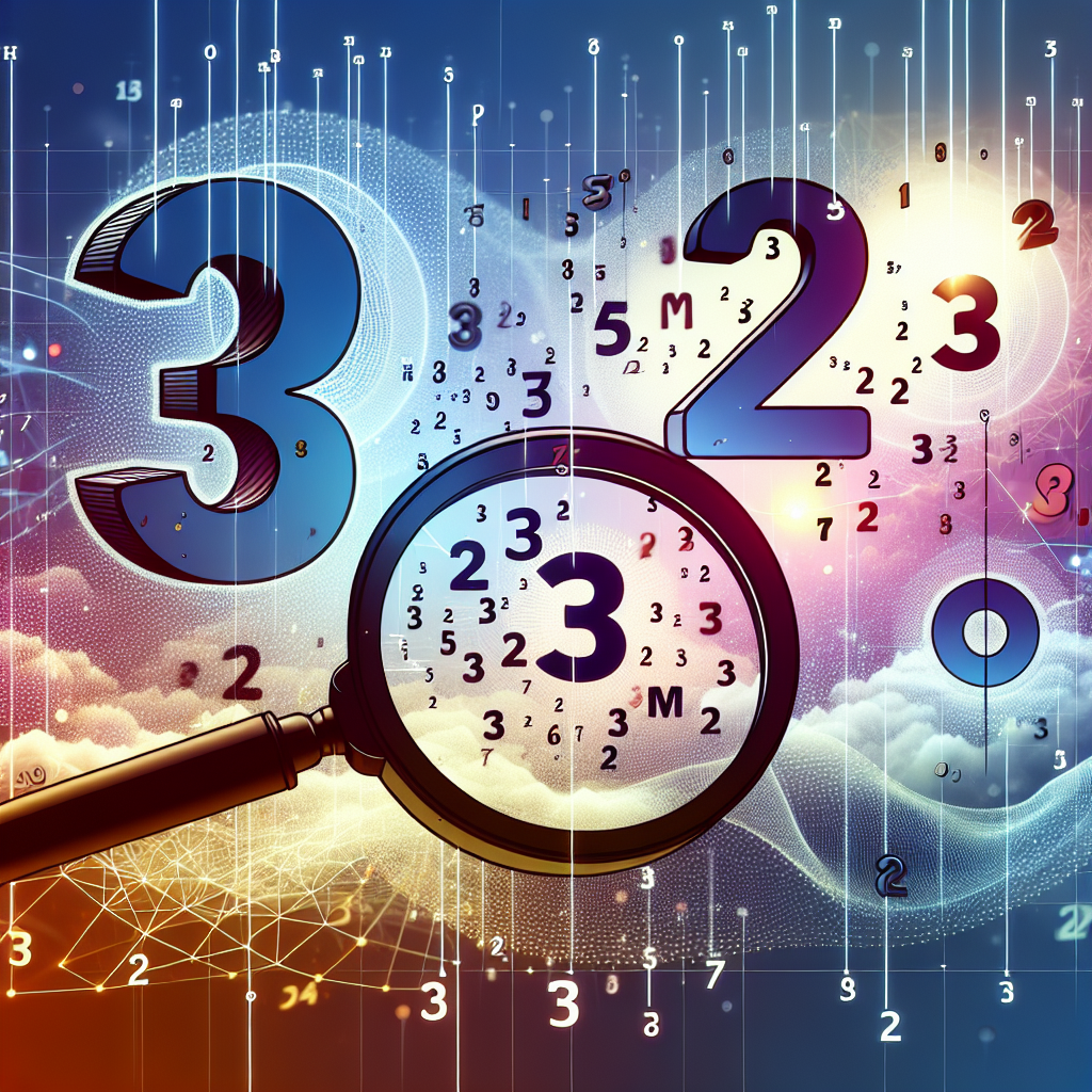 Visualize an abstract image representing mathematical concepts. It features the symbols 3 and 2 raised to unknown powers, depicted as small variable 'm' and 'n' raised above them, hovering in the air. Also include some three-digit numbers floating around. To represent the concept of size and largeness, depict a magnifying glass examining the biggest of these three-digit numbers. Note that the image should not contain any text.