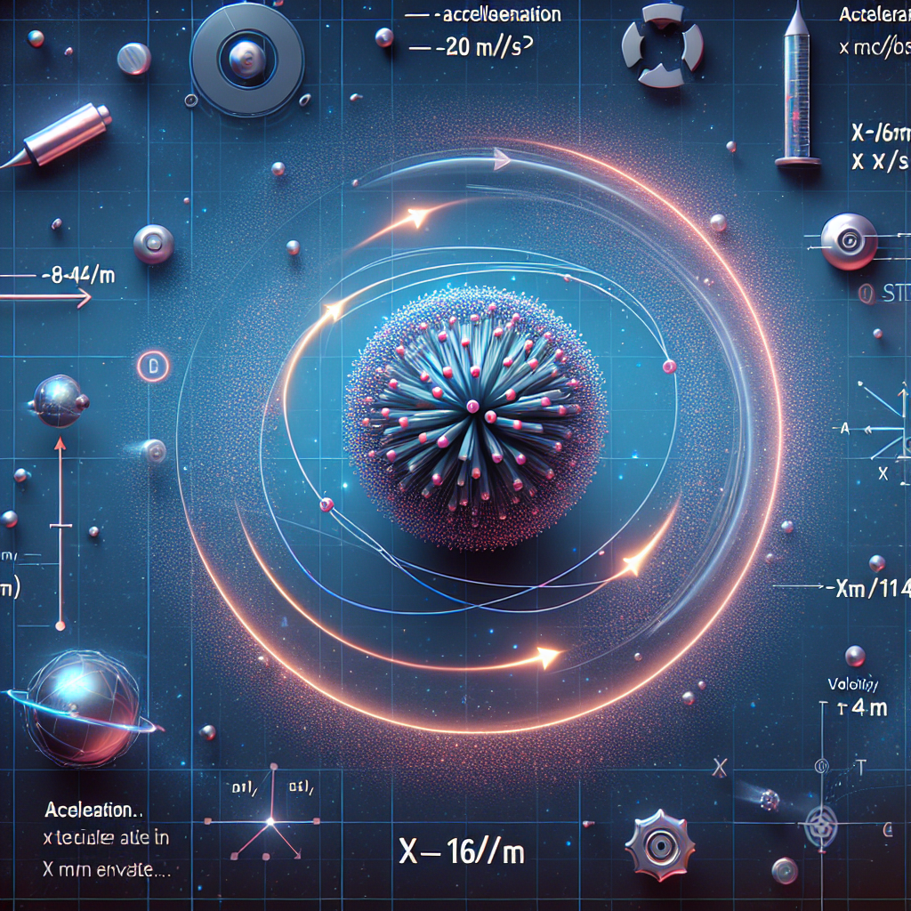 Create a visually appealing science-themed image that represents the principle of particle acceleration. The scene should include a particle moving along its path, demonstrating the changes in velocity and position over time. Include elements such as motion arrows, distance markers, and time indicators to concretely represent the concept, noting the values of -8m/s2 for acceleration, x=20m for position at t=4s, and x=4m for position when velocity is 16m/s. Do not include any textual elements.