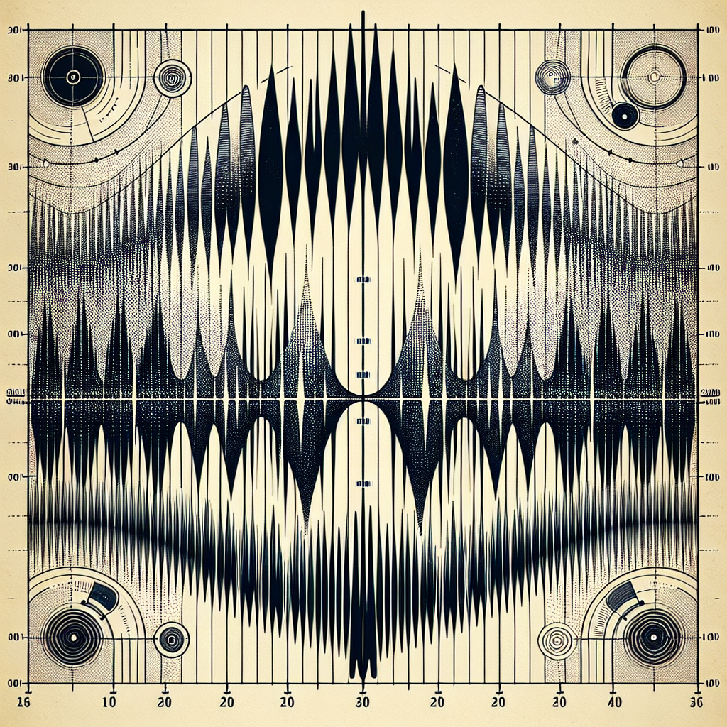 Create an abstract image that signifies the rise in intensity of a sound wave. The illustrated sound wave should initially have a moderate intensity, represented by an equilibrium level with evenly spaced waves. Following this, depict a gradual increase in the wave's amplitude, indicating an increase of 20 decibels in its intensity. The modified sound wave should be depicted with much tighter spacing, representing a significant increase in intensity. To conform to the 'no text' request, ensure all elements of the image are represented graphically, with no textual annotations or indicators. This image should emanate a sense of audiological science and interpretation.