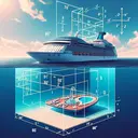 An image visualization of the given calculation problem. Visualize a cruise ship in a wide expanse of sea under a clear sky. The ship's pool deck should be shown as being 80' above the water level. Alongside, depict an abstract representation of the formula d= square root of 3h/2 intending to illustrate the idea of distance a person at certain height can see. Do not depict any particular person, nor include any text in the image.