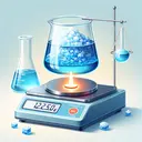 Create an accurate and appealing image representing a chemistry experiment. Place a brighter focus on a sample of a blue crystalline substance, which is copper sulfate pentahydrate (CuSO4.5H2O), in a glass container. The container should be represented on a precise lab scale, reflecting a mass reading of 12.5g. Then, depict a heat source under the container causing the substance to undergo dehydration, resulting in a white powdery substance. Please ensure there is no text within the image.