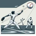 Illustrate a scene of an intense baseball game moment. Showcase a baseball player, of African descent, launching the baseball into the sky at an angle of 30 degrees. The baseball is then caught by another player, of Caucasian descent, standing 400ft away from the initial position. Accentuate the trajectory of the ball with a traced dotted line to highlight the path it took. Keep it simple, without including any text.
