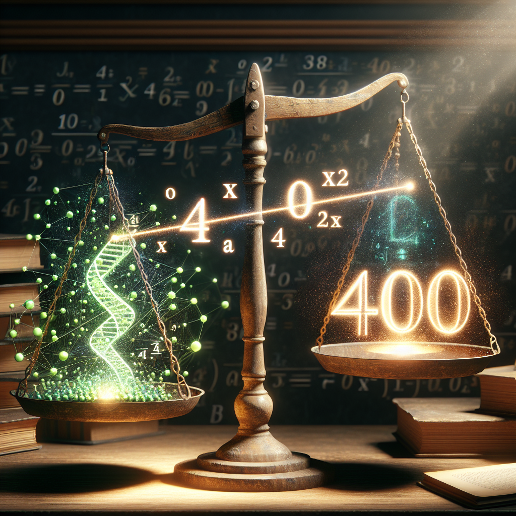 Visualize an abstract mathematical concept. There is an equation balanced on an antique wooden scale. On the left side of the scale is an odd natural number depicted as a series of green dots. On the right side, a digital number '40' glows softly. A beam of light connects these numbers, and an equation emerges from the beam, showing LCM(x, 40) equals to 1400, which is depicted as a broad golden number. The scene is set within a serene study with a chalkboard, bookshelves, and a parchment themed background.