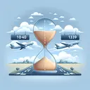 An illustration representing the concept of a flight. The scene includes an airplane leaving an airport runway with the time 1040 shown against the cloudy sky on a picture. The other end displays the arrival scene with the airplane landing on a runway at another airport, with the time 1339 displayed against the afternoon sky. There's a sand clock in between, ticking time. Ensure no textual explanations or answers are on the image.