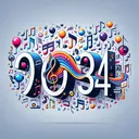 An abstract representation of the year 1984 with music-related imagery. Perhaps, musical notes can be creatively incorporated into the numbers forming the year 1984. Additionally, icons indicating celebration or positivity could be included to portray the greatness of the year for music. Colors could be vibrant to grasp attention and make it appealing, yet there should be no text within the image.