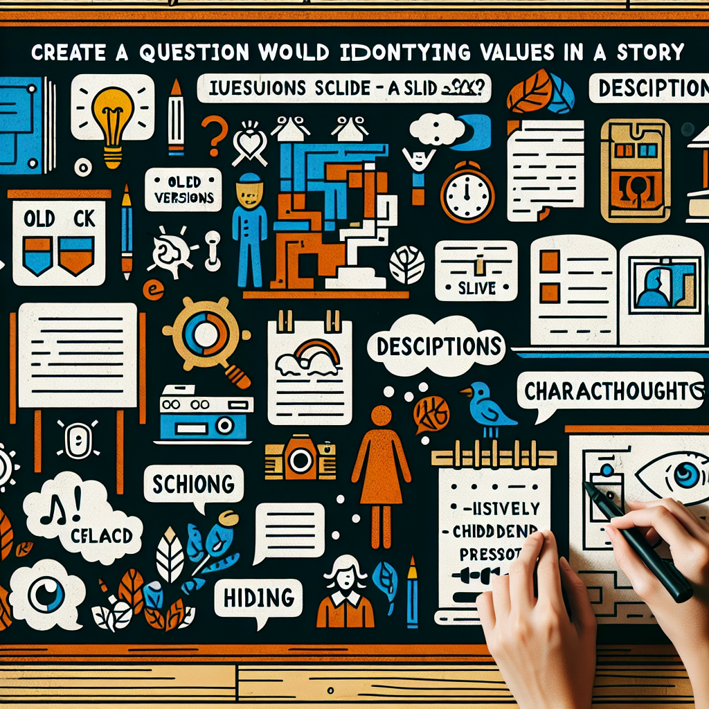 Create a visually striking image that would accompany a question about identifying values in a story. Include symbols or representations of old versions of a story, descriptions, character thoughts, actions and speech, and the story's setting. Additionally, make an image that embodies the concept of a hidden slide in a slide show, with symbols of visibility, hiding, and presentation. Ensure that the image contains no actual text.
