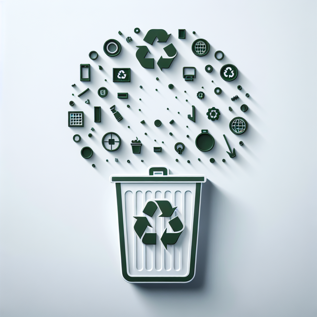 Create an image using a white background with a simple, minimalist design of a trash can positioned in the lower middle of the composition. From above, generate symbols associated with recycling, encompassing items like the recycling logo and a representation of a green earth. These symbols should appear as if they are falling down into the trash can. Use the principles of design to emphasize the message here through the careful use of color, shape, line, and texture. Please remember to keep the details simple yet meaningful and do not include any text in the image.