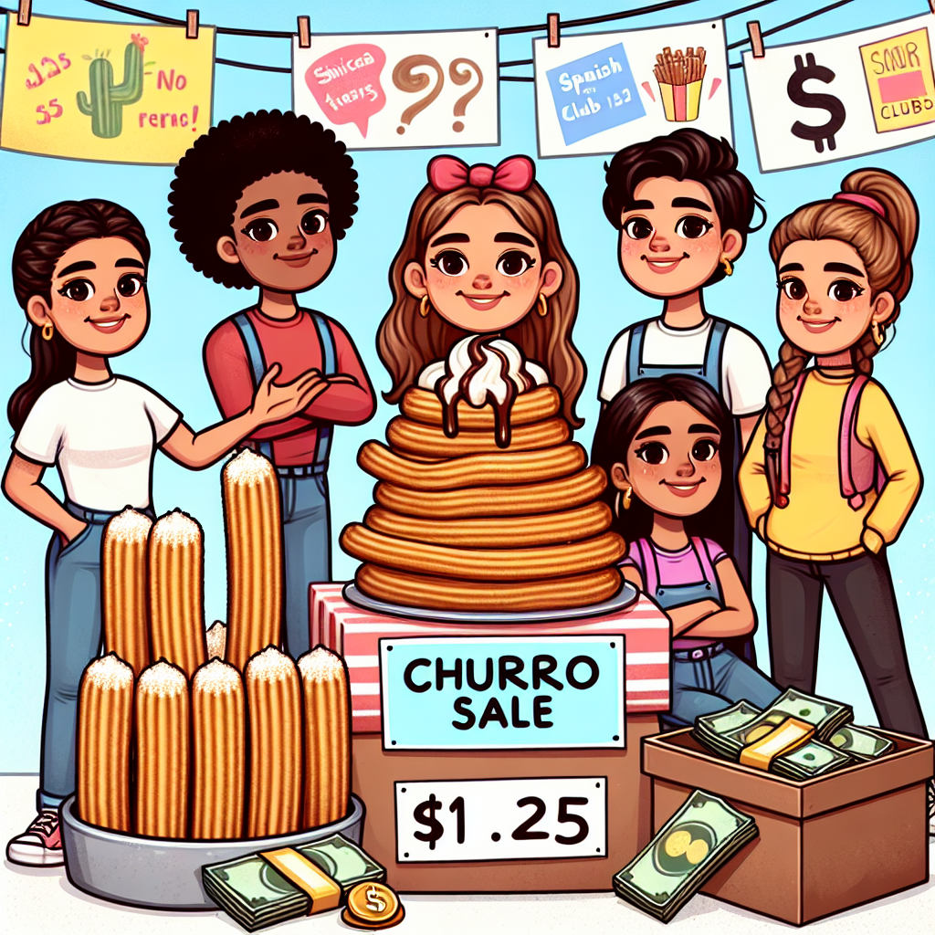 Imagine a scene where a group of Hispanic teenagers are holding a churro sale. There are delicious churros stacked high, a money box filled with dollar bills and coins, and a sign priced at $1.25 per churro. In the background, there are posters indicating that it's a fundraiser for the Spanish Club. Keep in mind that the image must have no text.