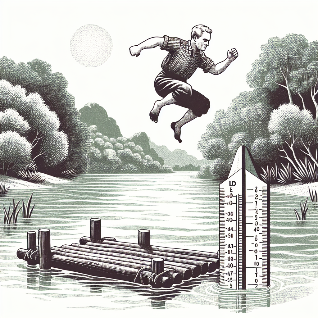 An illustrative scene depicting a situation by a lake. A masculine figure, of White descent and with a body mass corresponding to 70 kilograms, is energetically leaping off a wooden raft. The raft measures approximately 2 square meters and is firmly anchored in a freshwater lake, surrounded by lush trees and a clear sky. Beside the raft, show a measuring tape indicating the changes in water level to depict the potential rise of the raft due to the man's exit. Make sure the image contains no text.