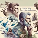 An artful visual representation of the themes listed in a question about The Call of the Wild. The image should be devoid of text. Draw a human being deeply contemplating, with one hand on the chin, in the wild surrounded by animals. Show emphasis on strength, instinctual behavior, and the transformation from civility to a more primal state. Ensure that there is a sense of mystery in the person's eyes alluding to a less understood intuition, illustrating the theme that doesn't quite fit. Please do not include any text or direct references to the book in the image.