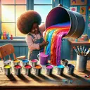 Craft an image representing an arithmetic operation. Visualize a scene where a young Black girl named Ava, with bright, curly hair, pours a large metal bucket containing 3 gallons of vibrant, rainbow-colored paint into 5 smaller, empty, silver-metal paint cans. Divide the flow of paint from the large bucket so it's clearly seen to be equally distributed among the 5 smaller containers. Let both the large bucket and the smaller paint cans be placed on an old wooden table, in a colorfully decorated room with paint brushes, and there's a window with a bright sunny day outside.
