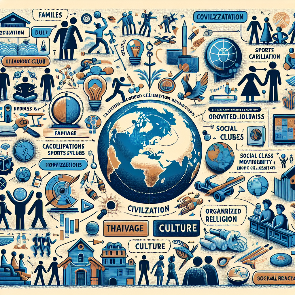 Create an image that visually represents key concepts from a group of social science related quiz questions. Include visual depictions of a range of human occupations, belief systems, and behaviors representing various cultures. Show the interaction between humans and their environment. Symbolize the invention of tools, agriculture, and civilization, but exclude the idea of a round world. Depict institutions like families, sports clubs, organized religion without highlighting entire civilizations. Show a family transferring cultural values. Showcase elements like language, religious belief as cornerstones of a culture. Depict the concept of social class mobility through education. Symbolize culture being affected by discoveries, inventions, and new ideas. Show the quick spread of ideas through symbols of technological devices. Lastly, hint at the idea of social structure in a society through a demonstration of various groups working together.