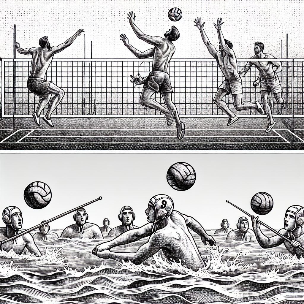A detailed illustration of a volley ball game in progress with players jumping and hitting the ball. Below it, illustrate a water polo match with players moving in pool, passing the ball. The two sports scenes should share the similar gameplay gestures but in different environment and attire, thus hinting at a connection between two sports. Remember, the image must contain no text.