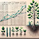 Create a visually appealing image illustrating a growing plant and a table featuring its growth over time. The table has two columns - Time in months (with values 2, 4, 6, and 8) and Plant height in cm (with values 18, 36, 54, and 72). The image also has four mathematical equations in point-slope form, subtly represented as part of the landscape without any explicit text. The equations are integrated into elements such as branches, roots, and the arrangement of leaves on the plant.