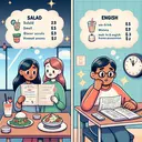 Illustrate two scenarios. In the first one, depict two medium-built South Asian female friends pondering over a menu at a cafeteria. Show a salad and a small drink on the menu, along with their prices denoted by dollar signs. In the second scene, visualize a Middle-Eastern male student seated by his desk, engrossed in solving Math and English homework assignments, with a clock indicating a passage of more than 2 hours. Remember to make sure no actual text appears in the image.
