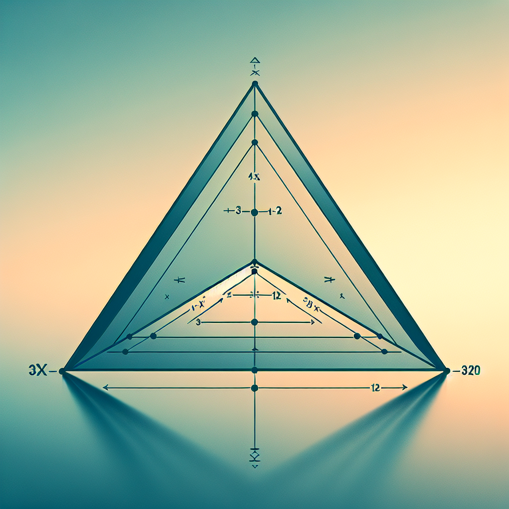 Create a detailed visually appealing image of an isosceles triangle. The triangle should be made of straight lines. The sides should not be marked, but the lengths should roughly match to a scaled version of sides with lengths 3x, 5x – 12, and x + 20. Ensure that there's a palpable difference in length between the sides and that two of the sides are relatively equal. The image should not contain any text or numbers, only the triangle against a serene, gradient background.
