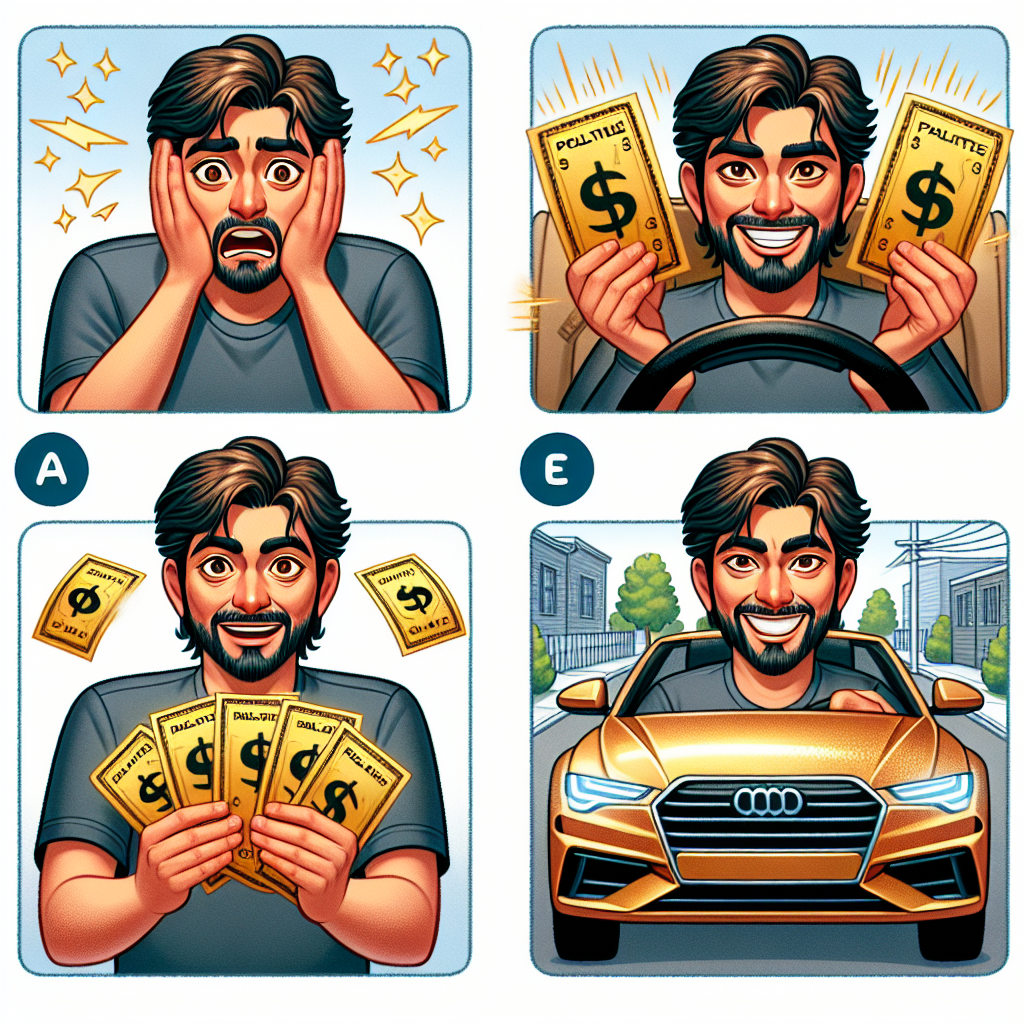 Visual representation of a multiple-choice grammar question. You see the following scenes: Daniel, a Middle-eastern man, looking shocked as he holds in his hands two golden tickets with dollar signs on them, representing expensive parking tickets. In the second scenario, Daniel, now joyful, steers a big, shiny new car that appears to be quite large. The third scene depicts Daniel with deep brown hair, his hair is depicted accurately to emphasize its color. In the final scene, Daniel has a bright, cheerful smile that lights up his face.