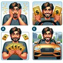 Visual representation of a multiple-choice grammar question. You see the following scenes: Daniel, a Middle-eastern man, looking shocked as he holds in his hands two golden tickets with dollar signs on them, representing expensive parking tickets. In the second scenario, Daniel, now joyful, steers a big, shiny new car that appears to be quite large. The third scene depicts Daniel with deep brown hair, his hair is depicted accurately to emphasize its color. In the final scene, Daniel has a bright, cheerful smile that lights up his face.
