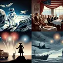 Visual representation of four diverse historical events without any text. Image 1: A depiction of an astronaut performing a spacewalk around 1960s technology spacecraft. Image 2: A serene winter landscape during the 1700s with a humble wooden house, symbolizing George Washington's birth. Image 3: Independence Day celebration in the 18th century with fireworks illuminating the night sky. Image 4: A dramatic beach landing scene under overcast skies, symbolizing the D-Day invasion.