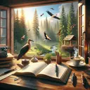 A serene image that embodies a grammar learning environment. Picture a rustic wooden desk bathed in warm sunlight streaming in from an open window. An inviting, open textbook outlining grammatical rules is center stage on the desk, along with a sophisticated fountain pen and a cup of steaming coffee. Outside the window, a lush forest is visible with towering pine trees swaying in the breeze, an array of avian creatures, perched or in flight, contribute to the dynamic scene. Intermingled in this natural display is a distinctive cuckoo bird and a stork's nest precariously lodged on a chimney stack in the distance.