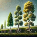 Create a non-textual, scientifically themed image depicting the growth of a generic tree species over eight years. The tree should start small and grow larger as it ages to visually represent the data given. At year one, it should be very small. At year two, it should show a modest growth. A significant growth should be observed in year three, with the tree almost doubling in height. In year four, the growth should be less noticeable. From year five to eight, the tree should display impressive growth, reaching its maximum height at year eight. The progression of years might be represented by the changing seasons in the background.