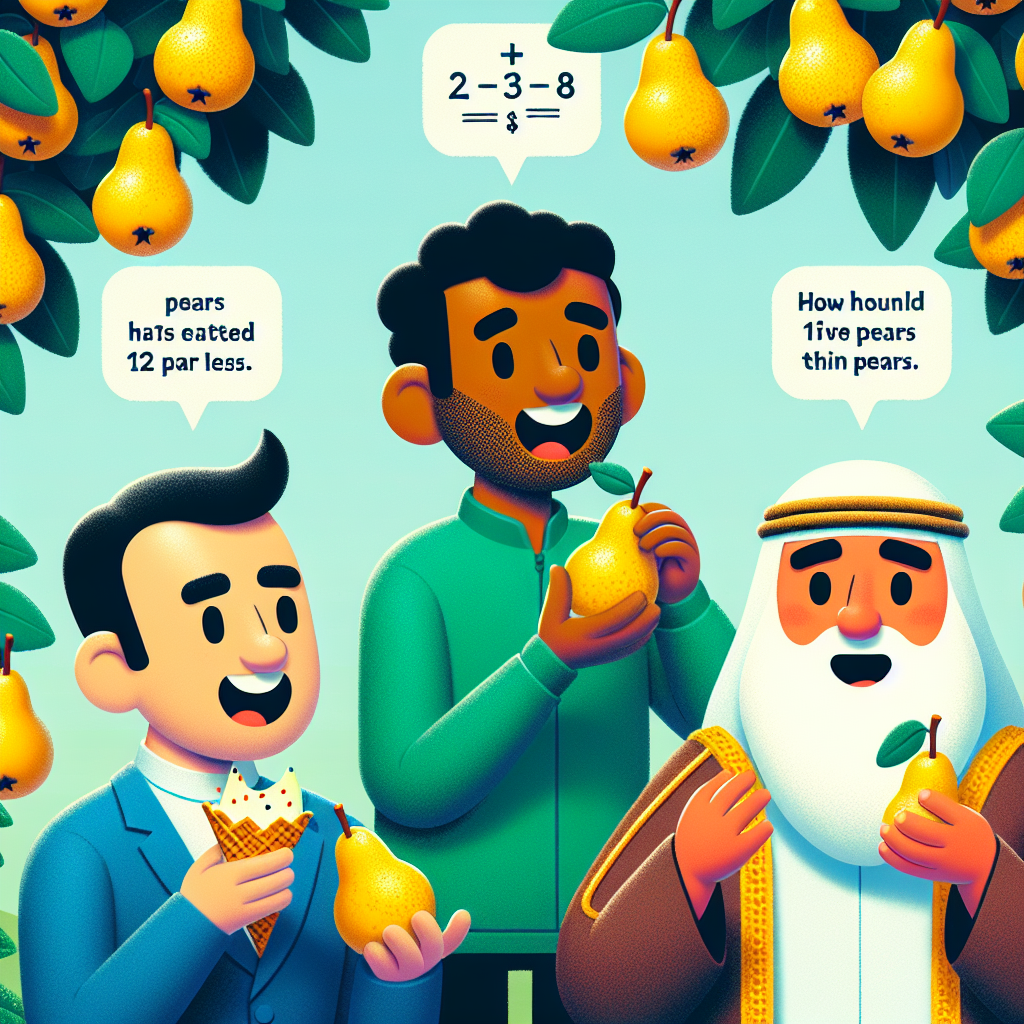 Visualize three cartoonish characters: a Caucasian man named Pete, a Hispanic woman presented as Tweet, and a Middle-Eastern man known as Honk, frolicking under a pear tree filled with ripe, juicy pears. Imagine Pete eating two pears, Tweet enjoyably consuming three pears, and Honk indulging himself with five pears. Do not include any numbers, symbols or text in the image. Capture Pete's moment of surprise as he realizes he has eaten 12 pears less than Honk, and Tweet looks curiously trying to solve the implied mathematical problem.