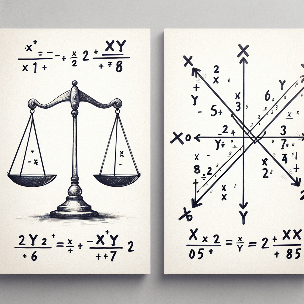 Draw two images side by side, each representing a mathematical problem. On the left, illustrate the first system of equations with an abstract representation of balance scales showing -x, 2y, and 6 on one side, perfectly balanced with 6y, x, and 18 on the other. On the right, show the second system of equations as two intersecting lines, one represented by 2x+3y=105 and the other by x+2y=65. Each line should significantly intersect at one point, suggesting a solution. The images should not contain any text.