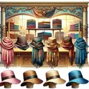 Generate an image depicting a fascinating scene where one can see a shop setting. On one side of the shop display, there are four scarves, elegantly draped and of various attractive colors. On the other side, there's a collection of six diverse hats, each with varying styles and patterns but highly appealing. Ensure the image does not include any text.