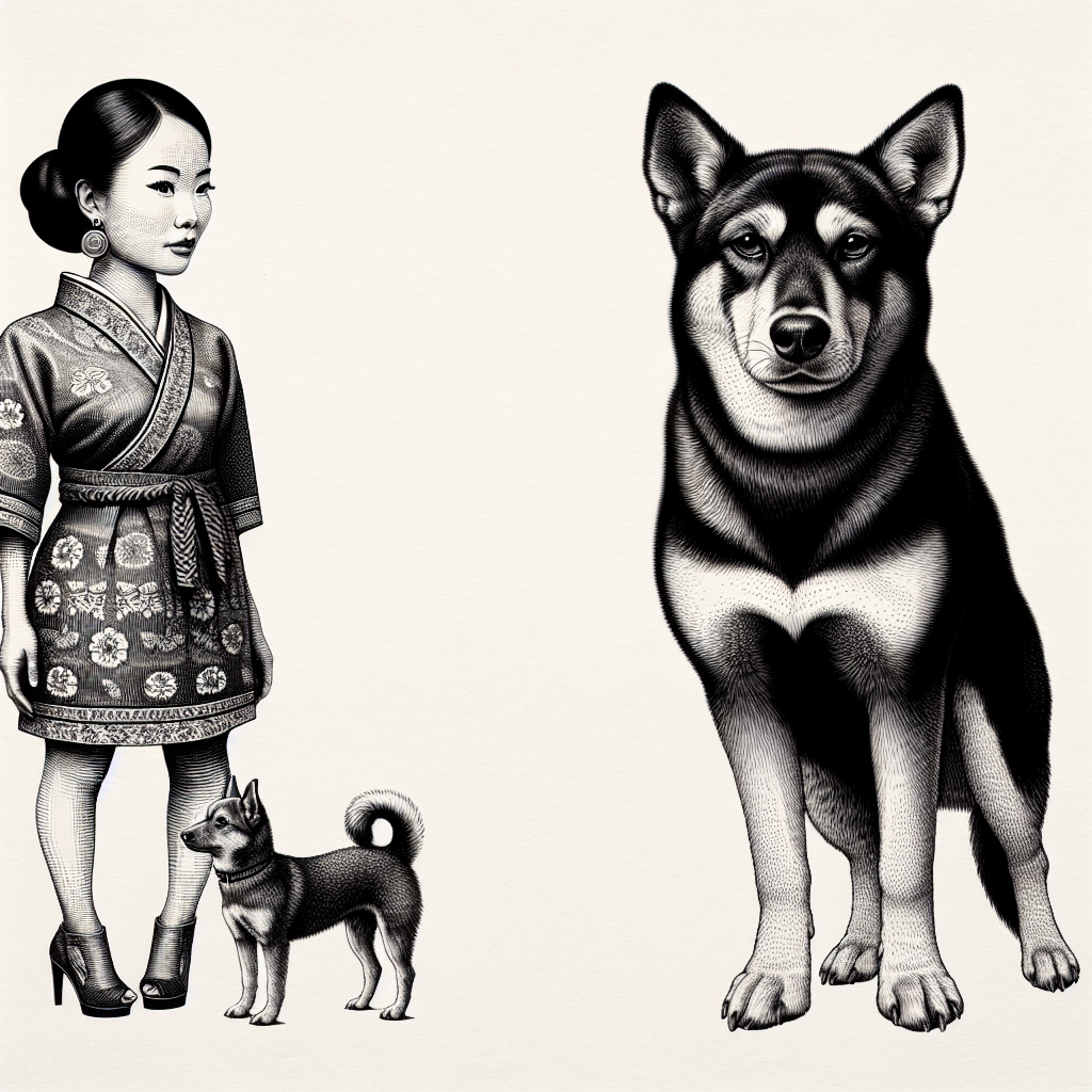 An interesting image portraying the concept of 'bravado' in dogs. Please illustrate two dogs - one small and one large. Represent the small dog as an East Asian woman, appearing dynamic, bold and confident, standing tall and overshadowing the large dog. The large dog should be represented by a Caucasian man, appearing slightly timid and reserved in contrast to the small dog, adding an interesting dynamic to the image. Please ensure the image contains no text.