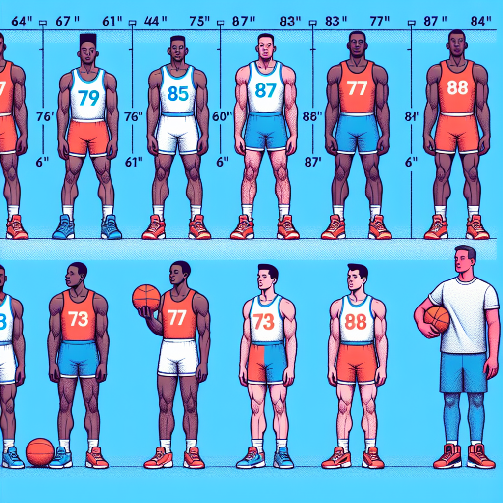 Create a detailed, visual representation of a data model using basketball players. This model should display eight basketball athletes, each distinguished by their height in inches. The corresponding weights should be subtly implied, perhaps through physique or body shape. The players' heights in inches should range from 67 up to 79, filled with diverse ethnic backgrounds and both genders. Also, incorporate a separate basketball player standing apart from the group, significantly taller, with a height of 84 inches, but don't visually suggest a specific weight.