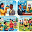 An inclusive educational scene showing three scenarios. Firstly, depict a South Asian woman named 'Masako' who has accidentally taken a woolen hat belong to a black man 'Jonah'. Secondly, show a group of Hispanic children in a playful setting, looking baffled as they can't find their toys. Lastly, illustrate a Caucasian gym teacher instructing a diverse group of boys to run, suggesting strenuous exercise. The scenes should reflect the context of the grammatical terms - first-person, second-person, reflexive, possessive pronouns, appositive, antecedent, and indefinite pronouns - but without any visible text.