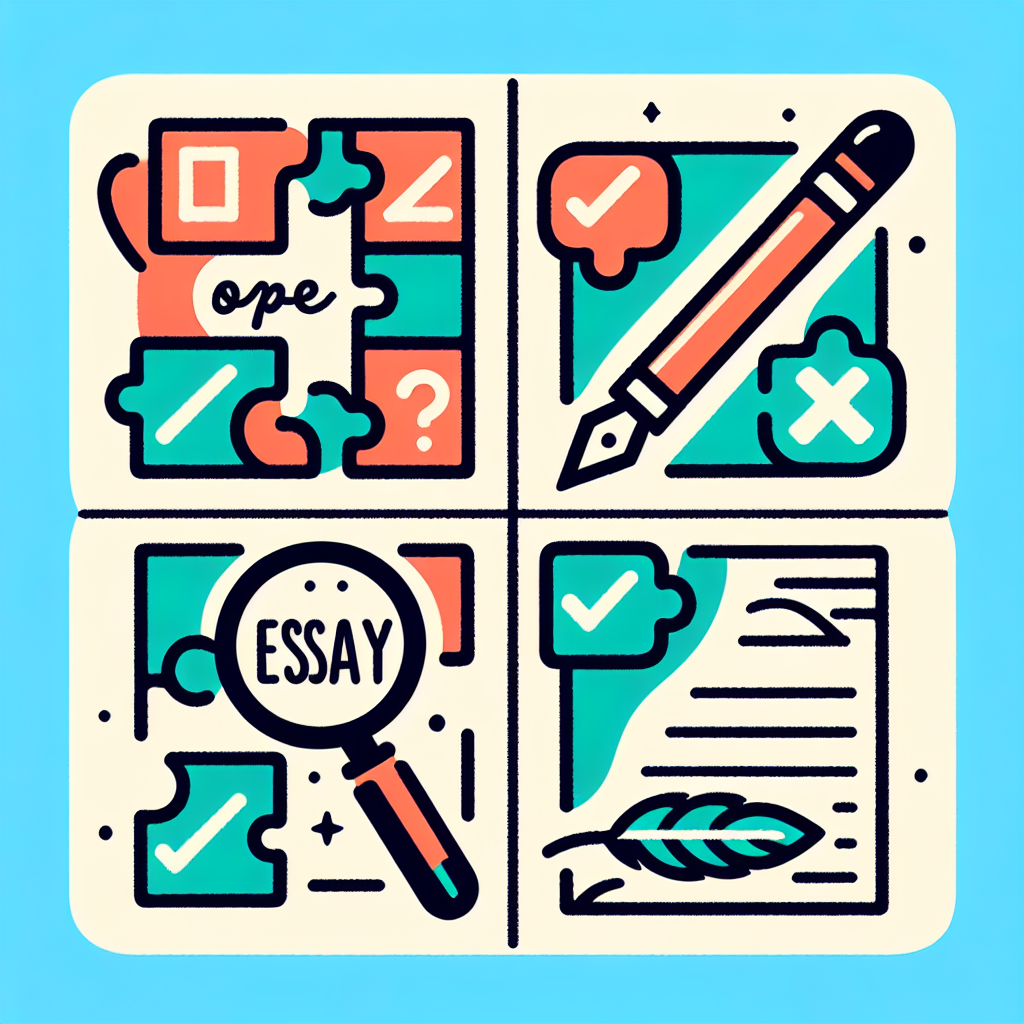 Create an image representing different types of exam questions. Show four sections with symbols representing multiple choice (an option tick), true/false (a checkmark and cross), matching items (two pieces of a puzzle fitting together), and an essay (a feather pen on blank paper). The fifth section should be a magnifying glass over a manuscript to symbolize recognizing a keyword in an essay question.