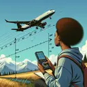 Create an image where a medium-sized aircraft is seen flying high in the bright daylight sky at an altitude of 880 m. Down on the ground, a Black woman named Sarah is observing the plane. She's carefully calculating the angle of elevation to the plane, initially noted as 67'40', and 25 seconds later as 24'30'. Around her, there are no visible markings, text, or numbers, just imagery depicting this scenario.
