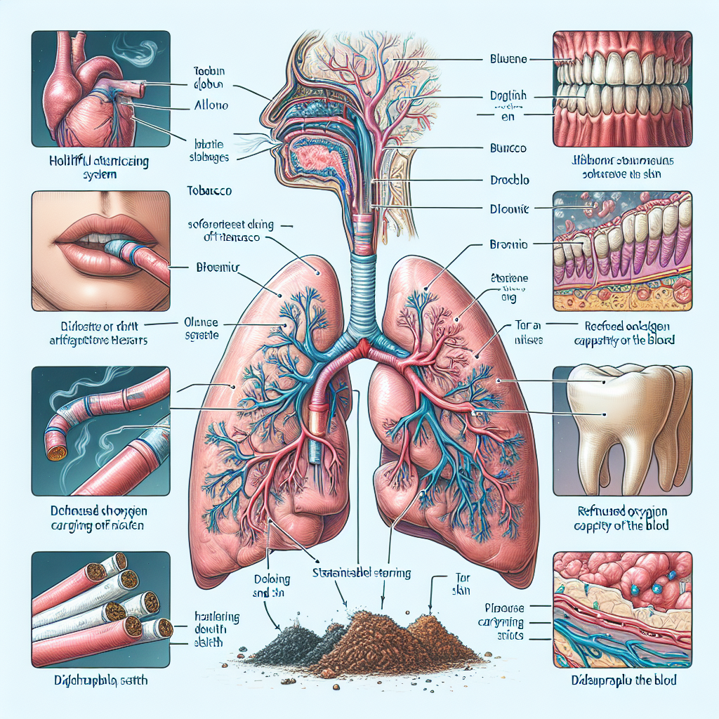 Imagine a visual capturing a clear and educational outline of the human respiratory system. Highlight different parts like the lungs, alveoli, bronchi and diaphragm in delicate, comprehensible colors. Also depict the harmful impact of substances in tobacco like tar and nicotine on this system. Visualize staining on teeth and skin, and the reduced oxygen carrying capacity of the blood. But, ensure not to include any text or answers to the question in the image.