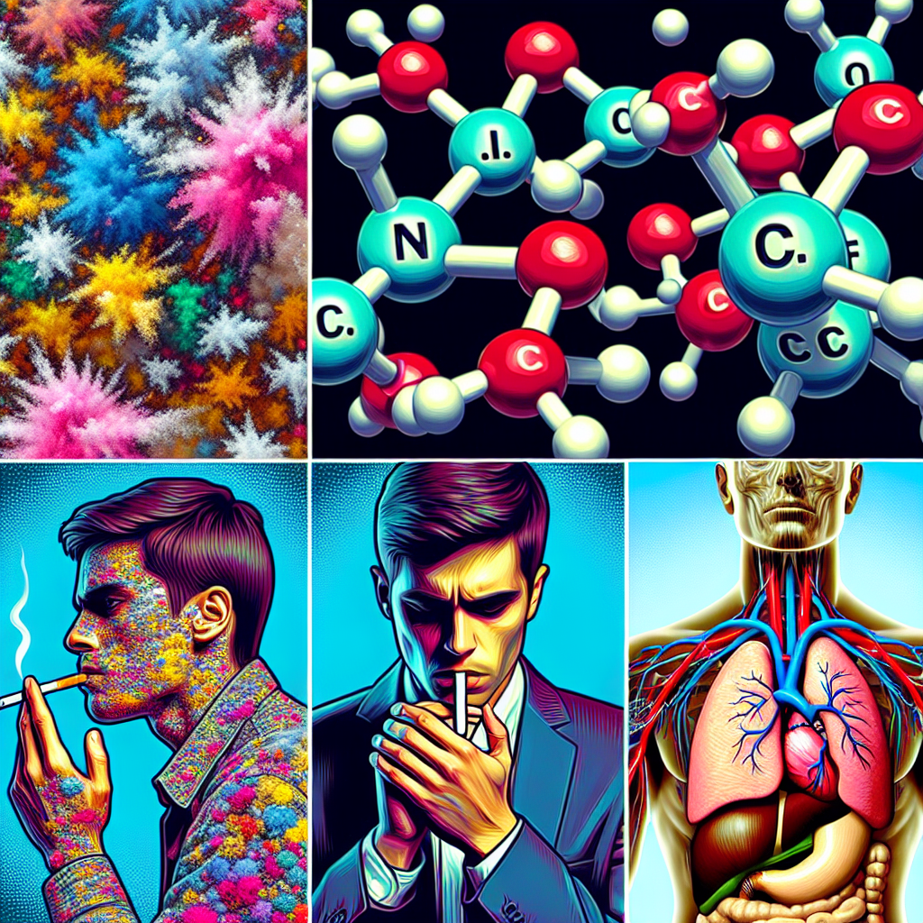 Generate a no text image illustrating the harmful effects of smoking featuring three significant scenes. First one, showing colorful abstract depictions of tar, nicotine, carbon monoxide and insulin molecules, emphasizing nicotine molecule highlighted. Second scene, an individual, a Hispanic male casting long glances at an unlit cigarette, displaying signs of irritability and hunger. Finally, a cross-section of a body, showing the increasing heart rate due to nicotine intake.