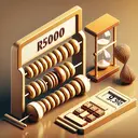 Create an image showing the representation of a loan calculation. It should include objects symbolizing R5000, three years timeframe, and 9 percent interest, in a context that suggests the calculation of simple interest. It could depict, for example, an abacus with beads arranged to represent the numbers, a hourglass or calendar to illustrate the time period, and a percentage symbol to denote the interest. The image should be aesthetically appealing, in warm tones, giving out a feeling of financial understanding and wisdom without including any text.