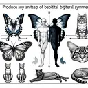Produce an illustration that symbolically represents the concept of bilateral symmetry in animals, without any written words in the image. The illustration should depict various animals like a butterfly, a cat, and a human being, each shown in a way that emphasizes their distinct upper and lower surfaces. For instance, portray the butterfly with open wings, an Asian male human standing upright, and a female cat of African origin laying on its side to distinctly showcase the concept of having defined upper and lower areas.