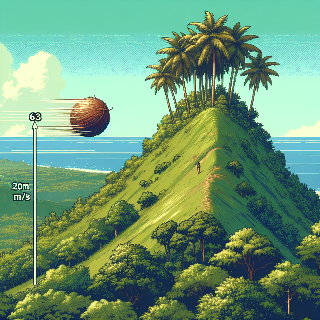 A picturesque lush hill standing 63 meters high. At the top of the hill, a coconut palm tree is swaying lightly in the breeze. A coconut is seen in mid-air, just separated from the tree, moving horizontally at a speed of 20 m/s. Below, the bottom of the hill is visible giving an idea of how far the coconut might travel before it hits the ground. The environment is tropic, a little bit of ocean is visible in the far background. The image contains no text.