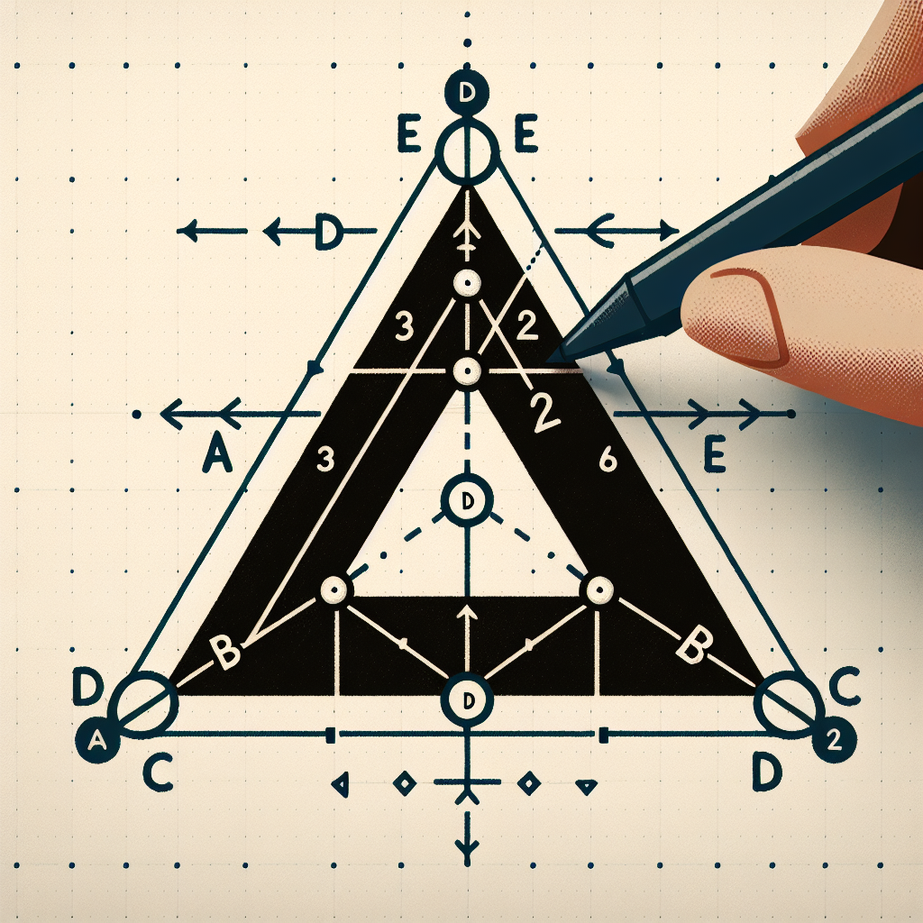 Create a visually engaging image illustrating a geometric problem. The image should feature a triangle ABC. Points D and E are dividing the lines AB and AC in the 1:2 ratio respectively. Draw DE to connect points D and E, and BC to connect points B and C. Do not include any text or numbers in the image, only the geometric figures and the points represented by dots. The image should convey a sense of a mathematical challenge related to vectors and ratios, with emphasis on points D and E and segments BC and DE.