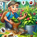 Create an image that shows a scene in a garden with Caucasian boy, Jeff, looking for bugs. He has managed to find several grasshoppers, crickets, and ladybugs. In the image, depict Jeff with 5 visibly distinct grasshoppers. Show there are more crickets than grasshoppers and even more ladybugs than crickets. However, please ensure that the specific number for each type of bug is left for viewers to interpret and does not explicitly appear in the image. The bugs can be found on plants, the ground, or flying around. Make the colors vivid and appealing, emphasizing the natural beauty found in a garden.